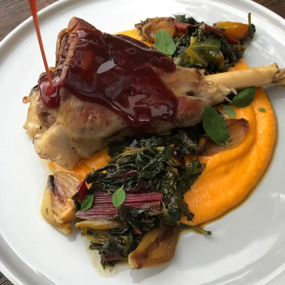 Glazed meat, chard and carrot purée