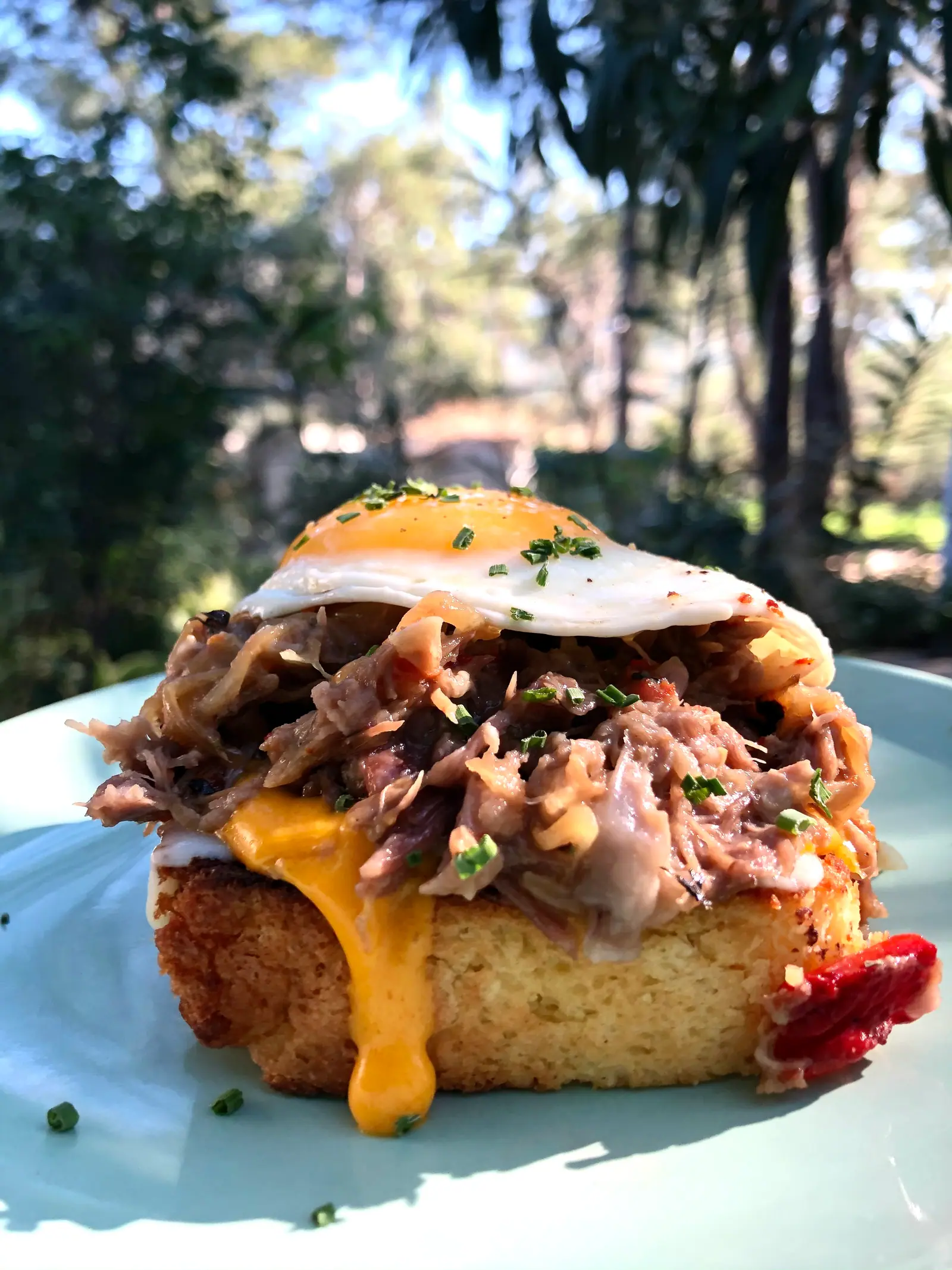 Breakfast plate with pulled meat and a fried egg