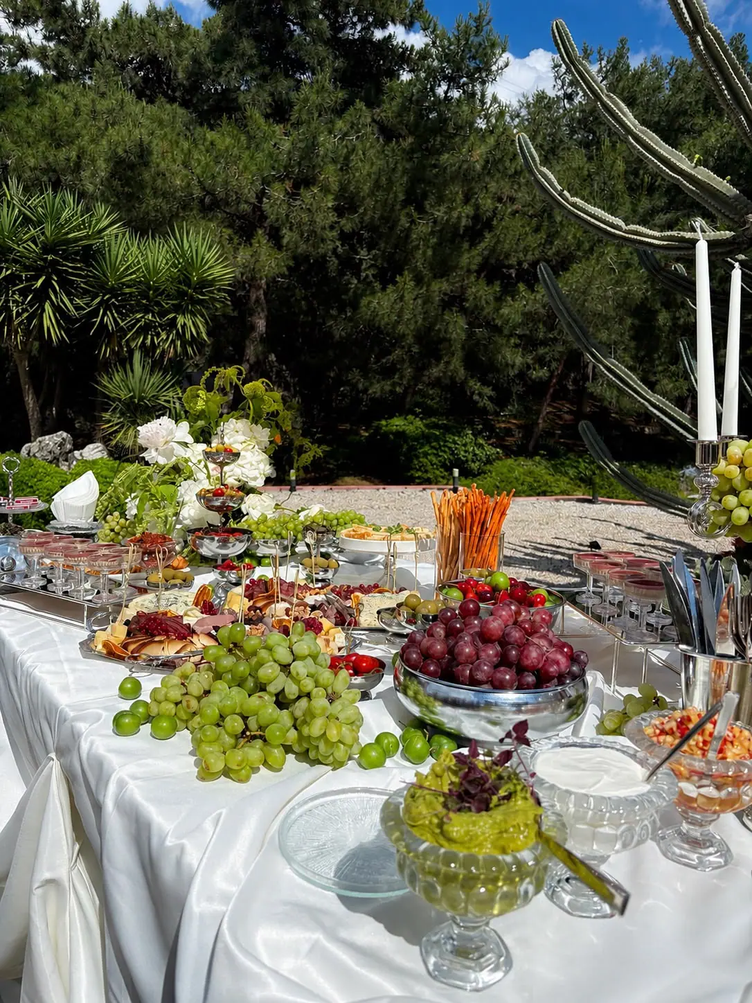 Buffet table with fruit, cheese and canapés