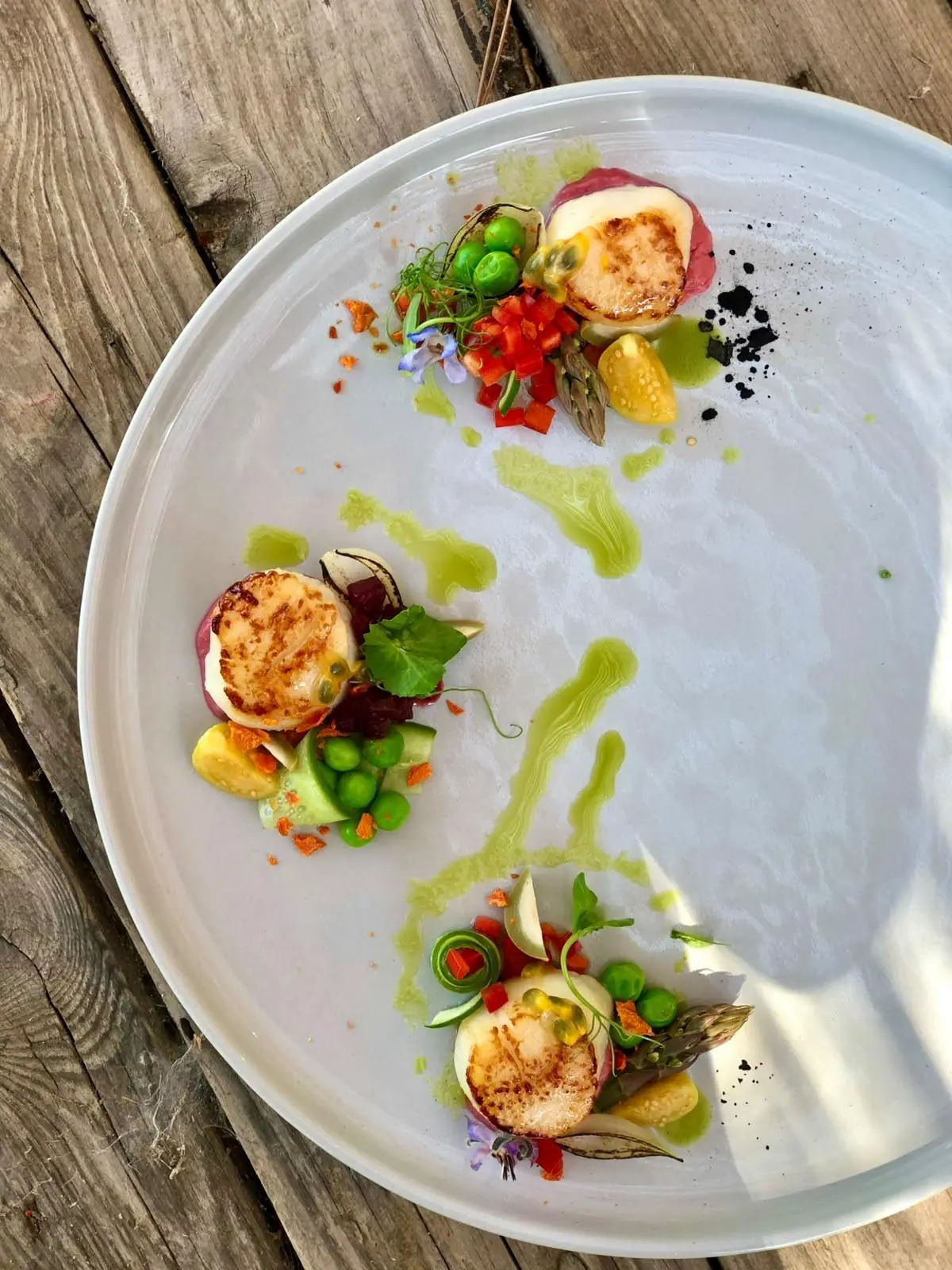 Scallops with peas and edible flowers